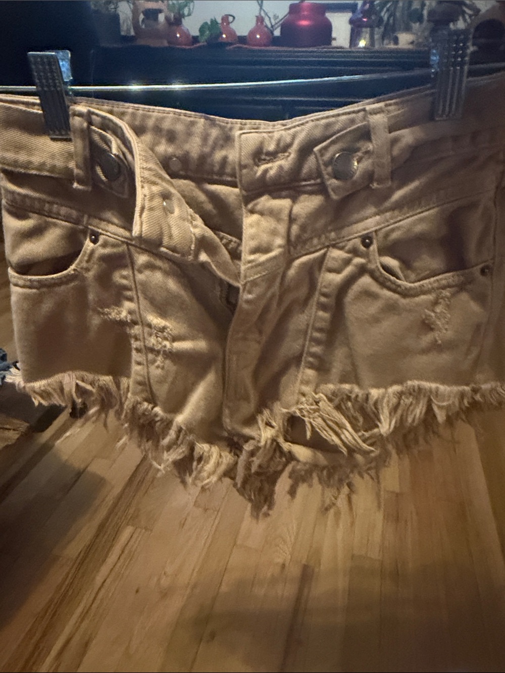 Retrofete Tan Frayed-Hem Denim Shorts